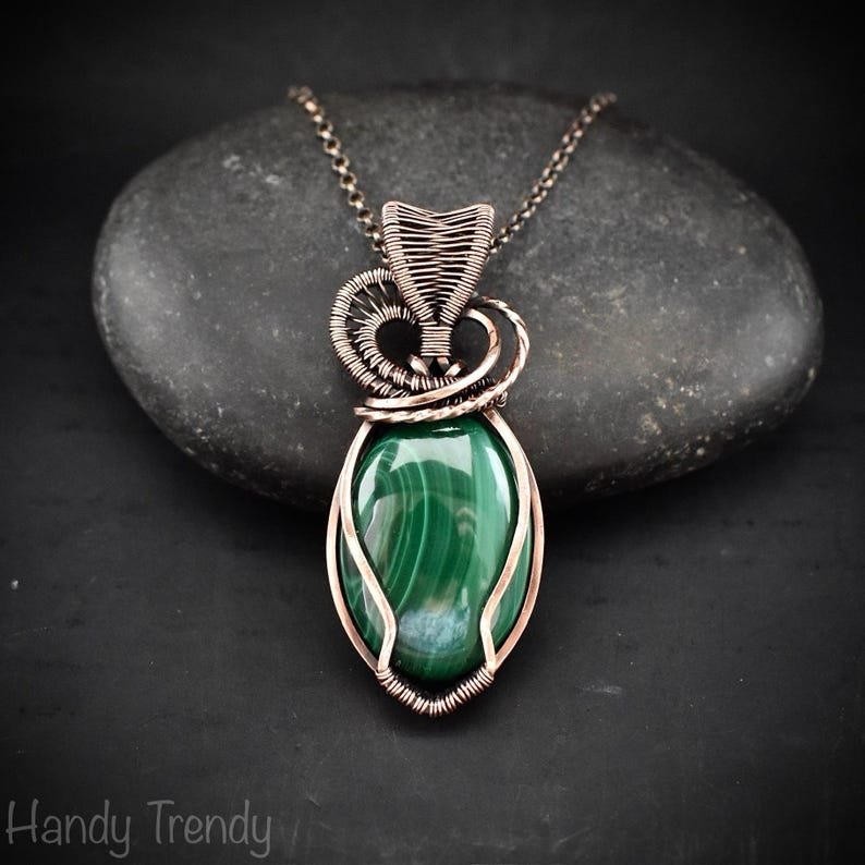 Malachite heart pendant, Copper wire wrapped necklace, Unique handmade gift, One of a kind jewelry, Artisan boho jewelry