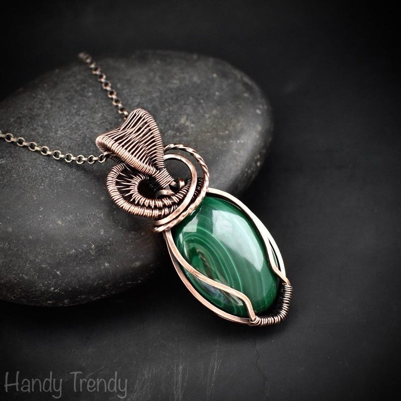 Malachite heart pendant, Copper wire wrapped necklace, Unique handmade gift, One of a kind jewelry, Artisan boho jewelry