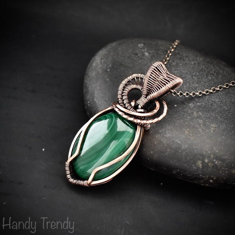 Malachite heart pendant, Copper wire wrapped necklace, Unique handmade gift, One of a kind jewelry, Artisan boho jewelry