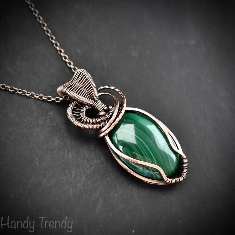 Malachite heart pendant, Copper wire wrapped necklace, Unique handmade gift, One of a kind jewelry, Artisan boho jewelry