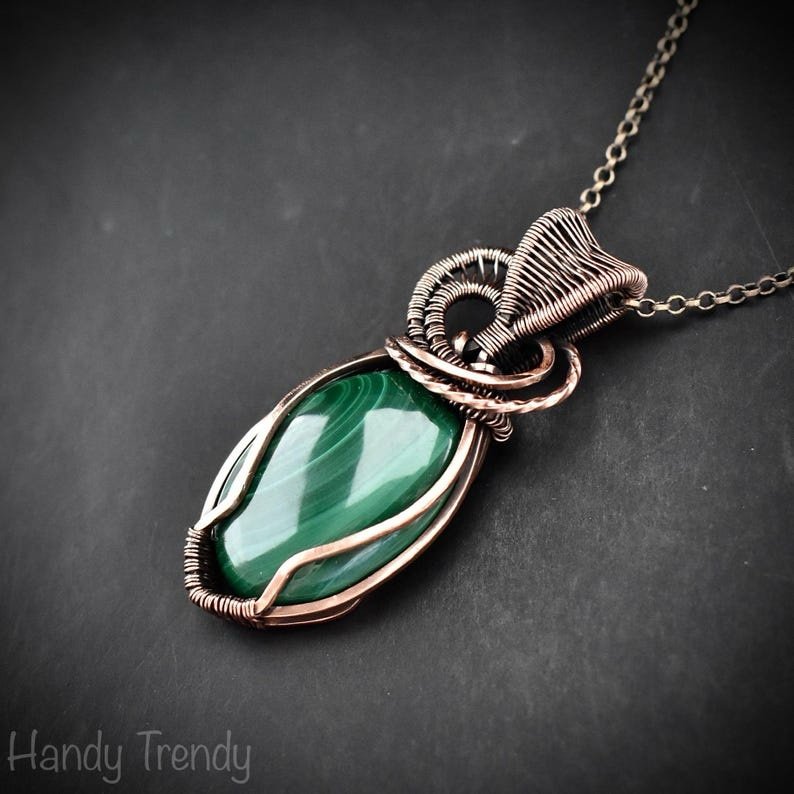Malachite heart pendant, Copper wire wrapped necklace, Unique handmade gift, One of a kind jewelry, Artisan boho jewelry