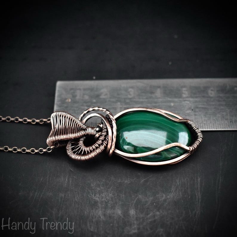 Malachite heart pendant, Copper wire wrapped necklace, Unique handmade gift, One of a kind jewelry, Artisan boho jewelry