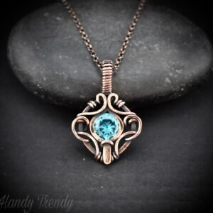 Blue cubic zirconia pendant, Free-flow Copper Wire wrapped necklace, Unique handmade gift, One of a kind jewelry, Boho style
