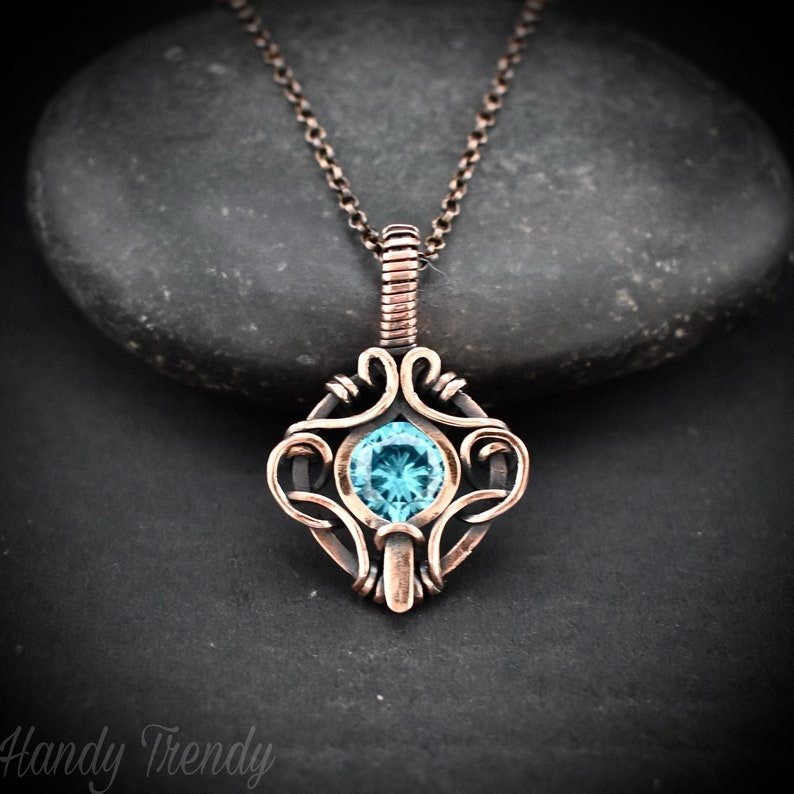 Blue cubic zirconia pendant, Free-flow Copper Wire wrapped necklace, Unique handmade gift, One of a kind jewelry, Boho style
