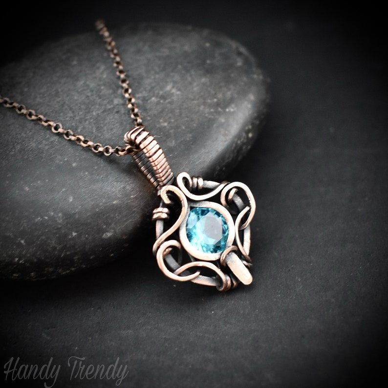 Blue cubic zirconia pendant, Free-flow Copper Wire wrapped necklace, Unique handmade gift, One of a kind jewelry, Boho style