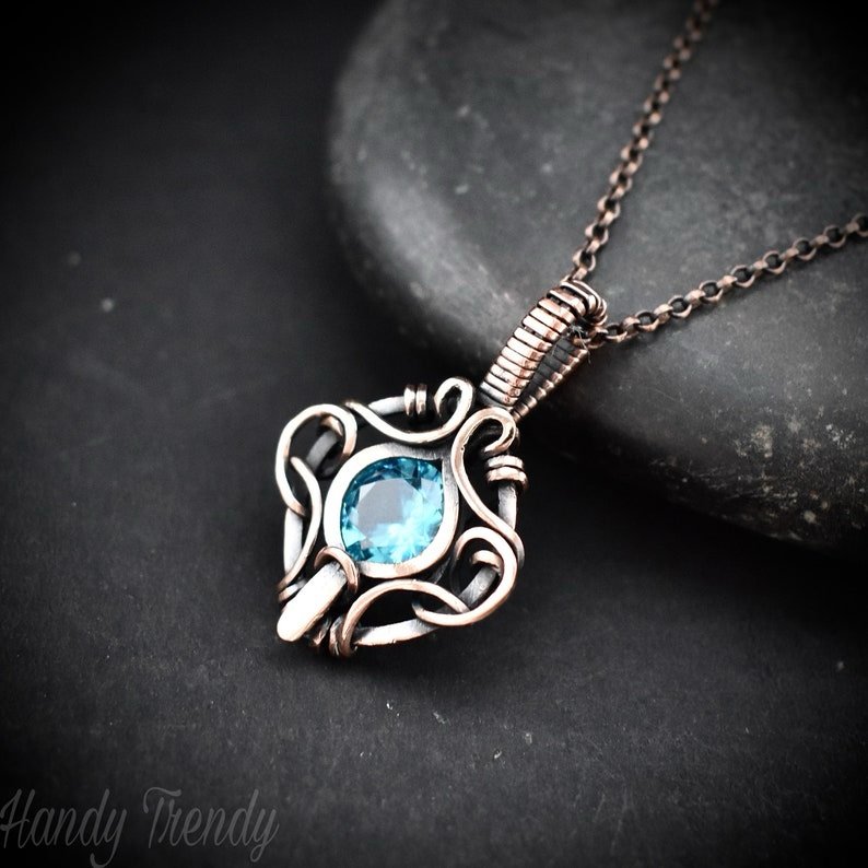 Blue cubic zirconia pendant, Free-flow Copper Wire wrapped necklace, Unique handmade gift, One of a kind jewelry, Boho style