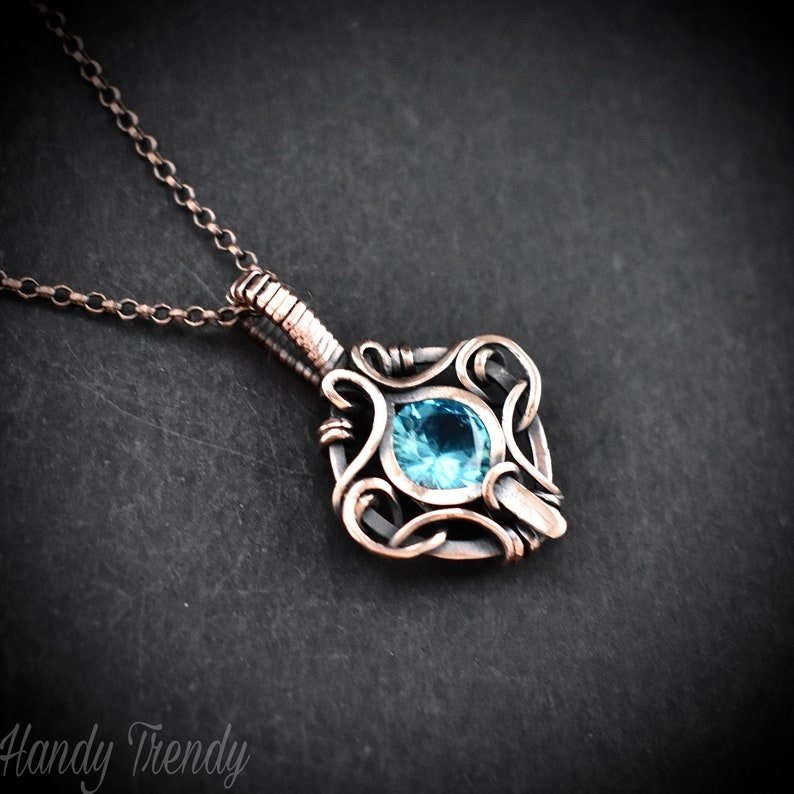 Blue cubic zirconia pendant, Free-flow Copper Wire wrapped necklace, Unique handmade gift, One of a kind jewelry, Boho style