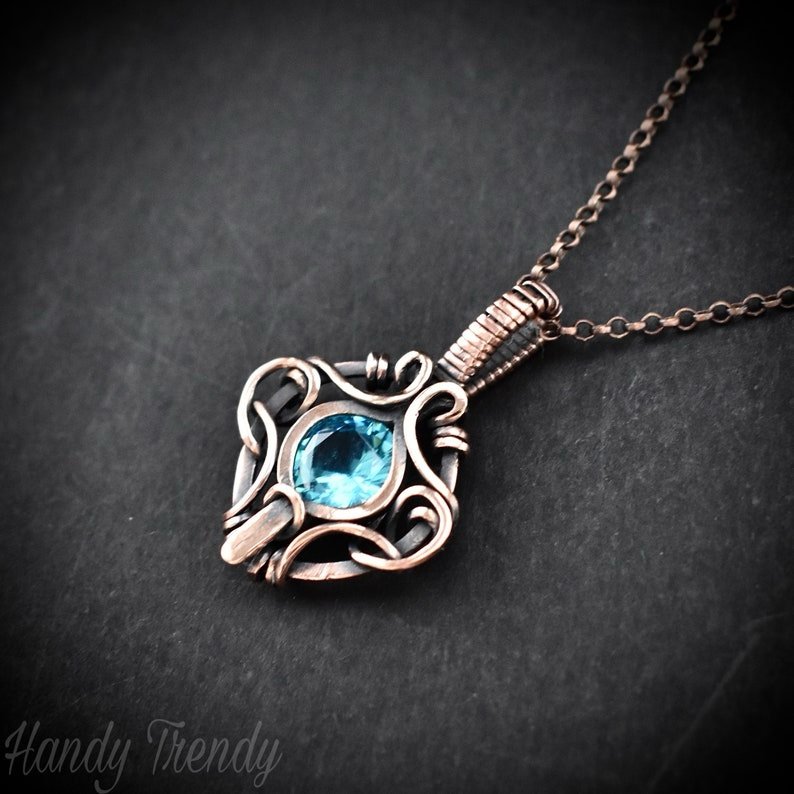 Blue cubic zirconia pendant, Free-flow Copper Wire wrapped necklace, Unique handmade gift, One of a kind jewelry, Boho style