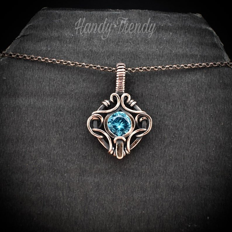 Blue cubic zirconia pendant, Free-flow Copper Wire wrapped necklace, Unique handmade gift, One of a kind jewelry, Boho style
