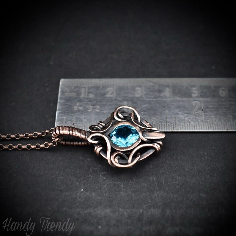 Blue cubic zirconia pendant, Free-flow Copper Wire wrapped necklace, Unique handmade gift, One of a kind jewelry, Boho style