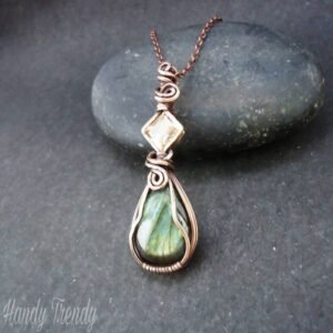 Green Labradorite and yellow cubic zirconia pendant, Copper Wire wrap necklace, Unique handmade gift, Artisan necklace