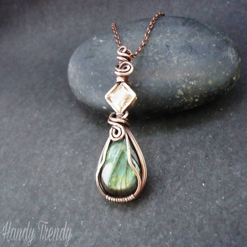 Green Labradorite and yellow cubic zirconia pendant, Copper Wire wrap necklace, Unique handmade gift, Artisan necklace