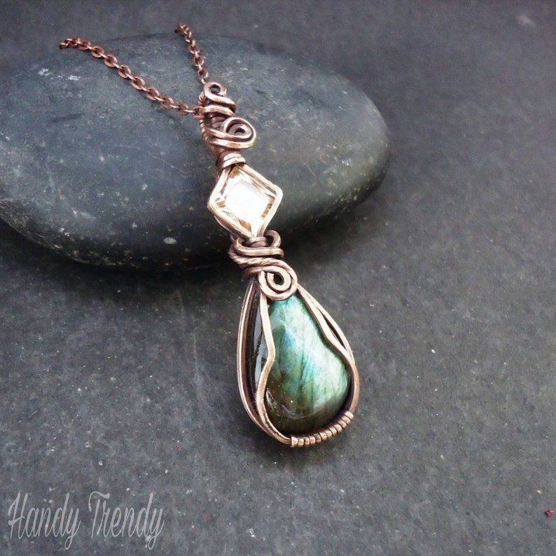 Green Labradorite and yellow cubic zirconia pendant, Copper Wire wrap necklace, Unique handmade gift, Artisan necklace