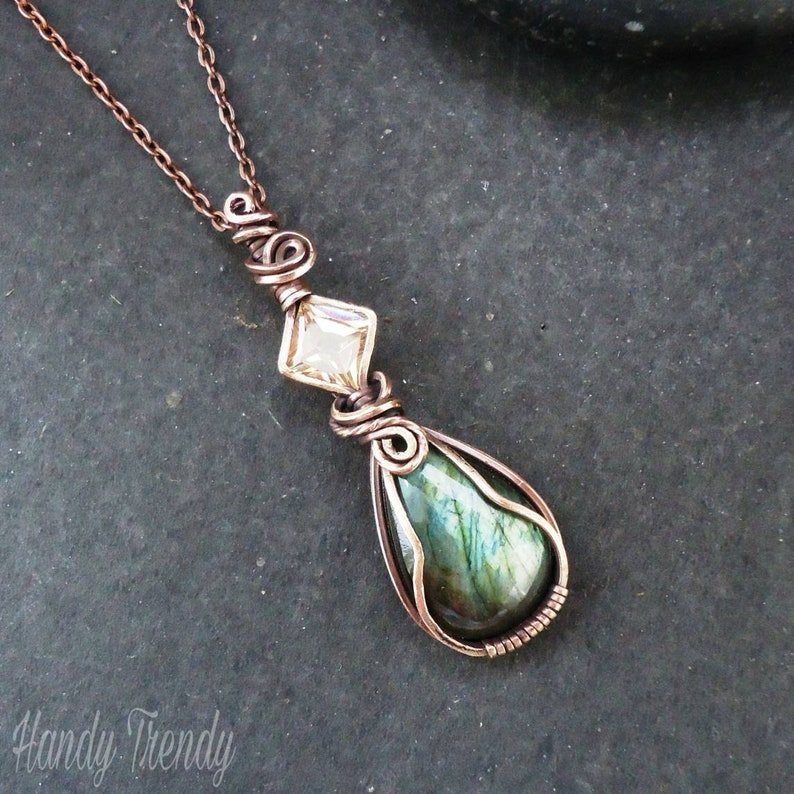 Green Labradorite and yellow cubic zirconia pendant, Copper Wire wrap necklace, Unique handmade gift, Artisan necklace