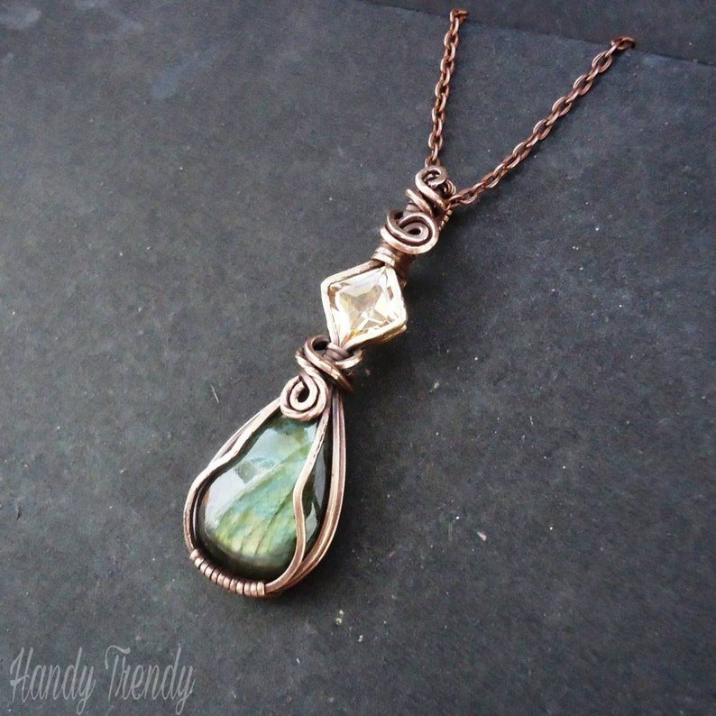 Green Labradorite and yellow cubic zirconia pendant, Copper Wire wrap necklace, Unique handmade gift, Artisan necklace