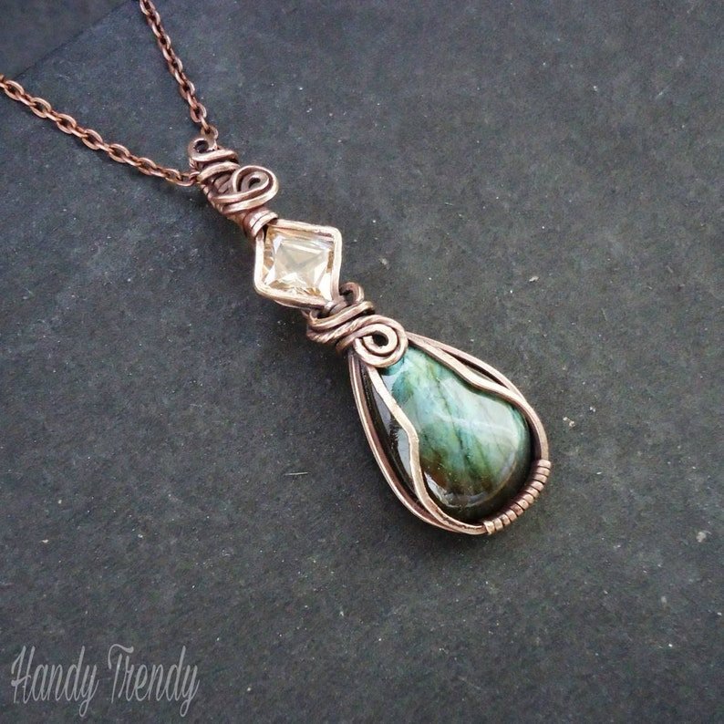 Green Labradorite and yellow cubic zirconia pendant, Copper Wire wrap necklace, Unique handmade gift, Artisan necklace