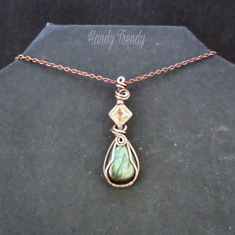 Green Labradorite and yellow cubic zirconia pendant, Copper Wire wrap necklace, Unique handmade gift, Artisan necklace