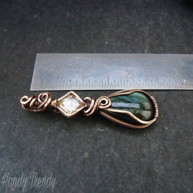 Green Labradorite and yellow cubic zirconia pendant, Copper Wire wrap necklace, Unique handmade gift, Artisan necklace