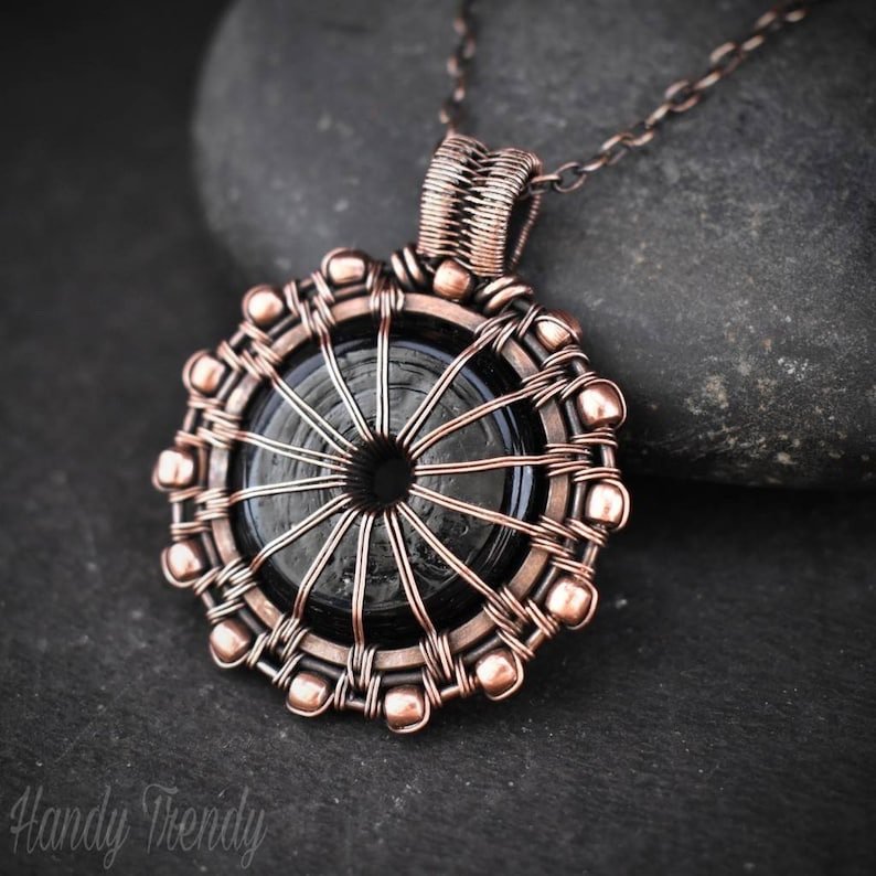 Black donut glass pendant, Antique Copper wire wrapped jewelry, Unique handmade gift, One of a kind Boho Artisan necklace