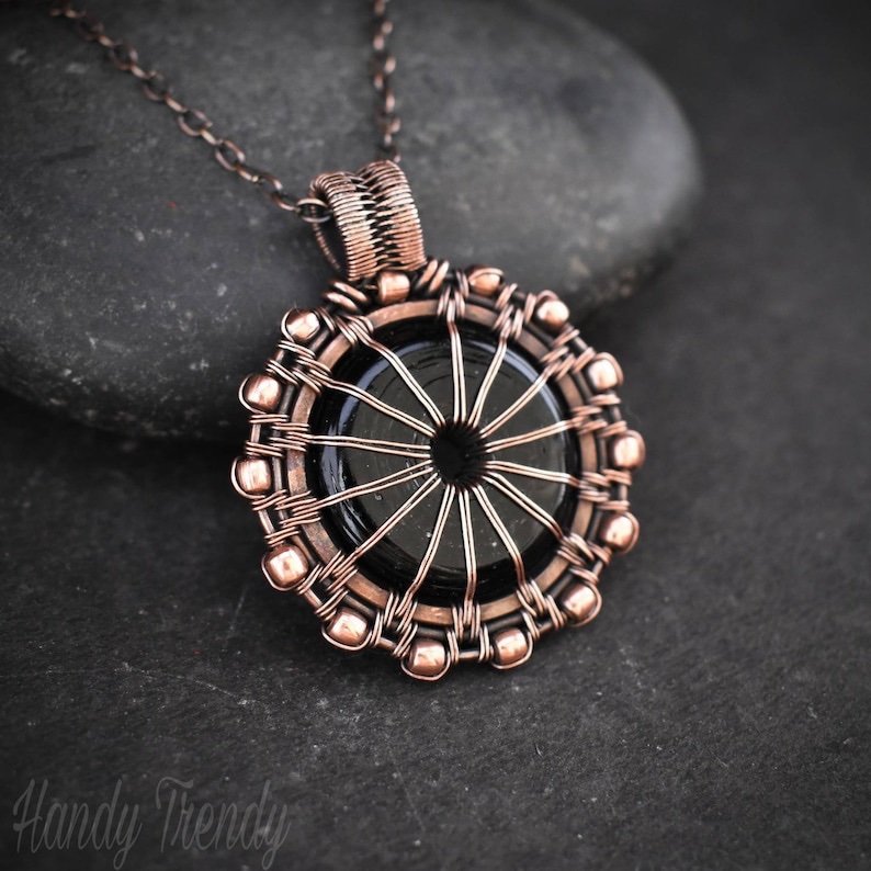 Black donut glass pendant, Antique Copper wire wrapped jewelry, Unique handmade gift, One of a kind Boho Artisan necklace