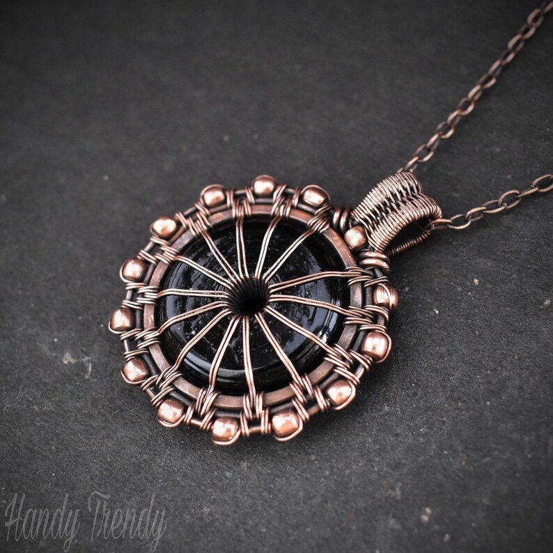 Black donut glass pendant, Antique Copper wire wrapped jewelry, Unique handmade gift, One of a kind Boho Artisan necklace