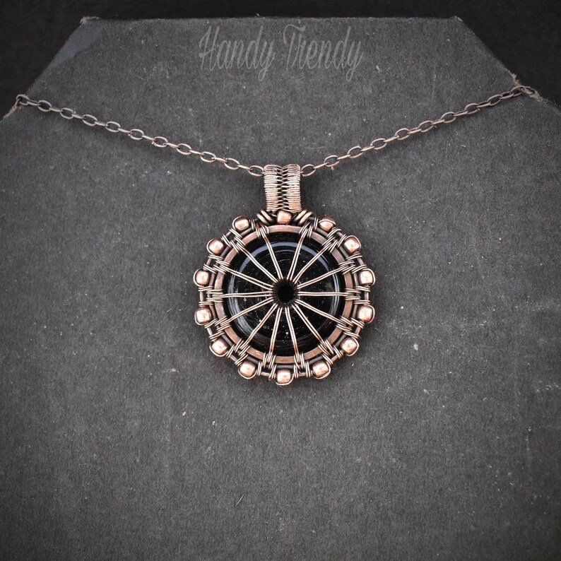 Black donut glass pendant, Antique Copper wire wrapped jewelry, Unique handmade gift, One of a kind Boho Artisan necklace