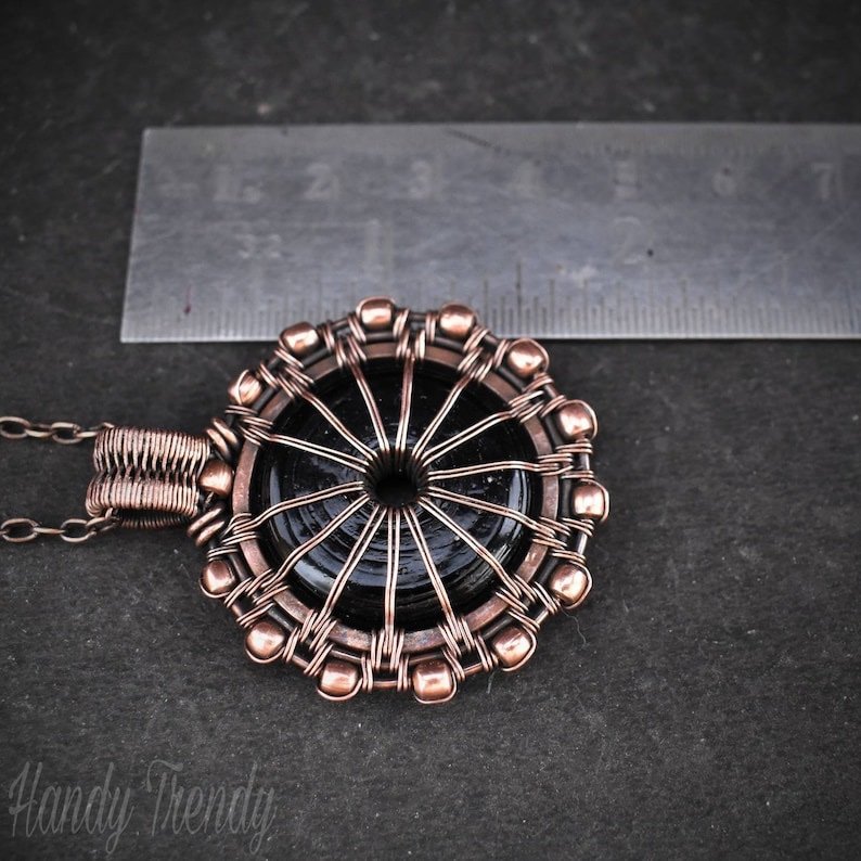 Black donut glass pendant, Antique Copper wire wrapped jewelry, Unique handmade gift, One of a kind Boho Artisan necklace