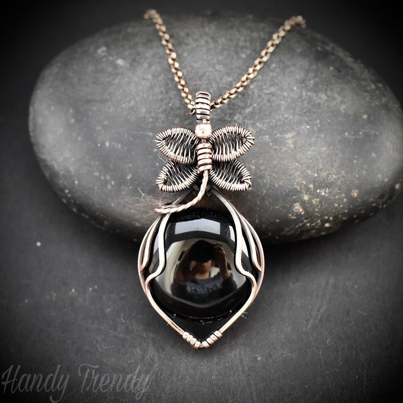Dragonfly pendant, Black onyx and Copper Wire wrapped necklace, Unique handmade  gift, Artisan boho jewelry, One of a kind jewelry