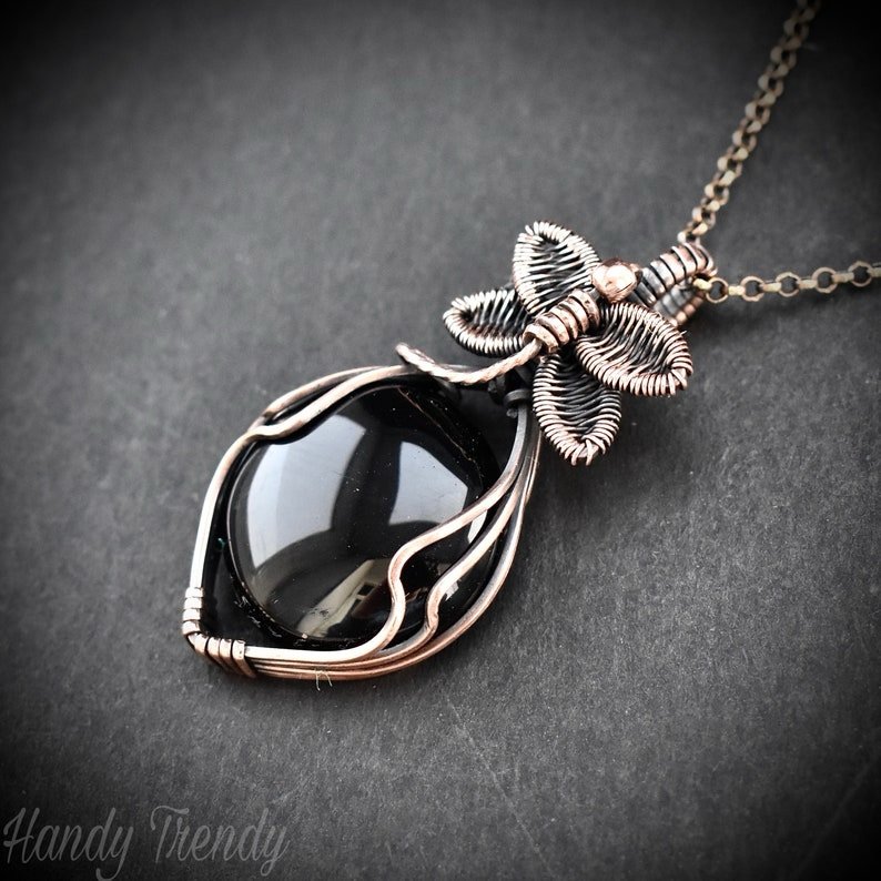 Dragonfly pendant, Black onyx and Copper Wire wrapped necklace, Unique handmade  gift, Artisan boho jewelry, One of a kind jewelry