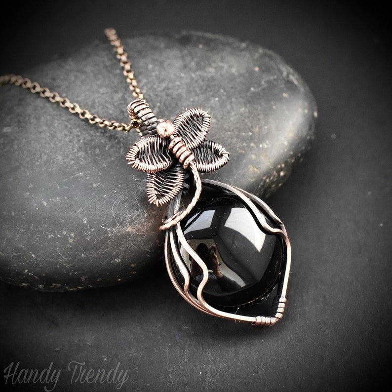 Dragonfly pendant, Black onyx and Copper Wire wrapped necklace, Unique handmade  gift, Artisan boho jewelry, One of a kind jewelry