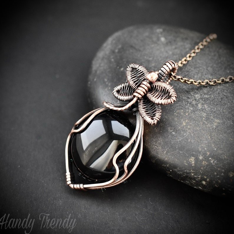 Dragonfly pendant, Black onyx and Copper Wire wrapped necklace, Unique handmade  gift, Artisan boho jewelry, One of a kind jewelry