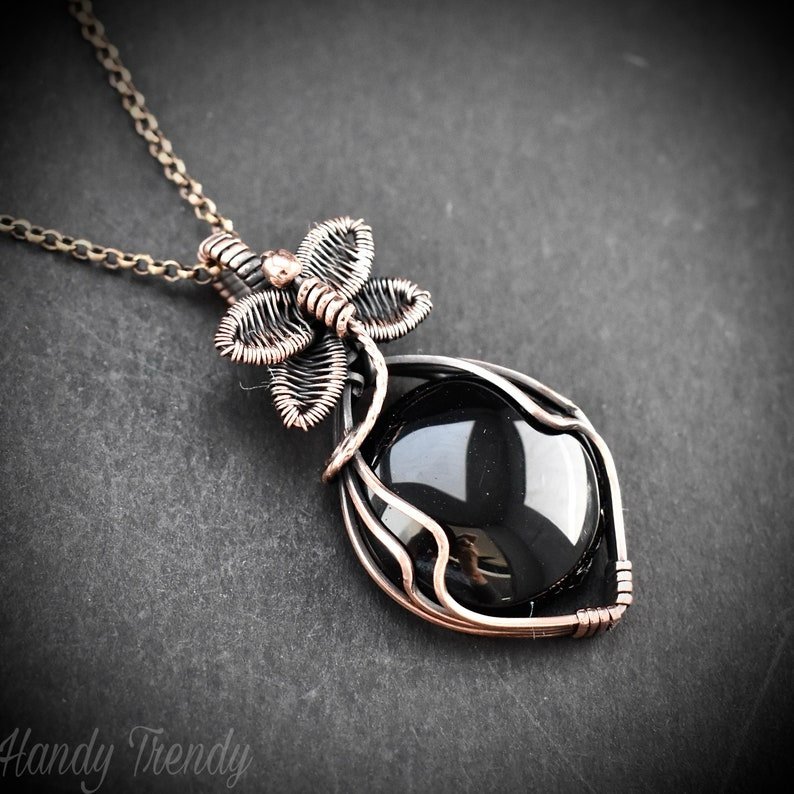Dragonfly pendant, Black onyx and Copper Wire wrapped necklace, Unique handmade  gift, Artisan boho jewelry, One of a kind jewelry