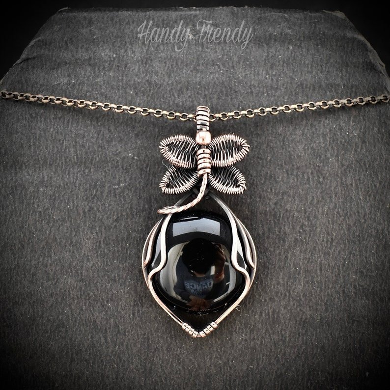 Dragonfly pendant, Black onyx and Copper Wire wrapped necklace, Unique handmade  gift, Artisan boho jewelry, One of a kind jewelry