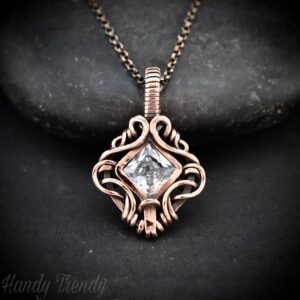 White cubic zirconia pendant, Free-flow Copper Wire wrapped necklace, Unique handmade gift, One of a kind jewelry, Mini pendant