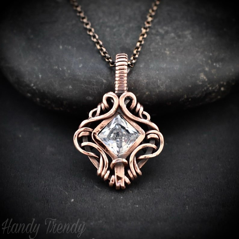 White cubic zirconia pendant, Free-flow Copper Wire wrapped necklace, Unique handmade gift, One of a kind jewelry, Mini pendant