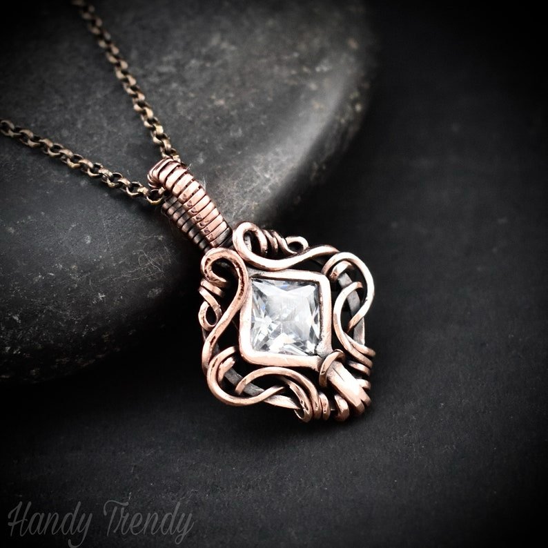 White cubic zirconia pendant, Free-flow Copper Wire wrapped necklace, Unique handmade gift, One of a kind jewelry, Mini pendant