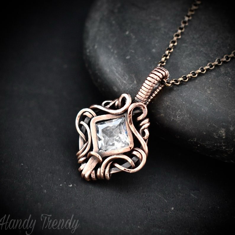 White cubic zirconia pendant, Free-flow Copper Wire wrapped necklace, Unique handmade gift, One of a kind jewelry, Mini pendant