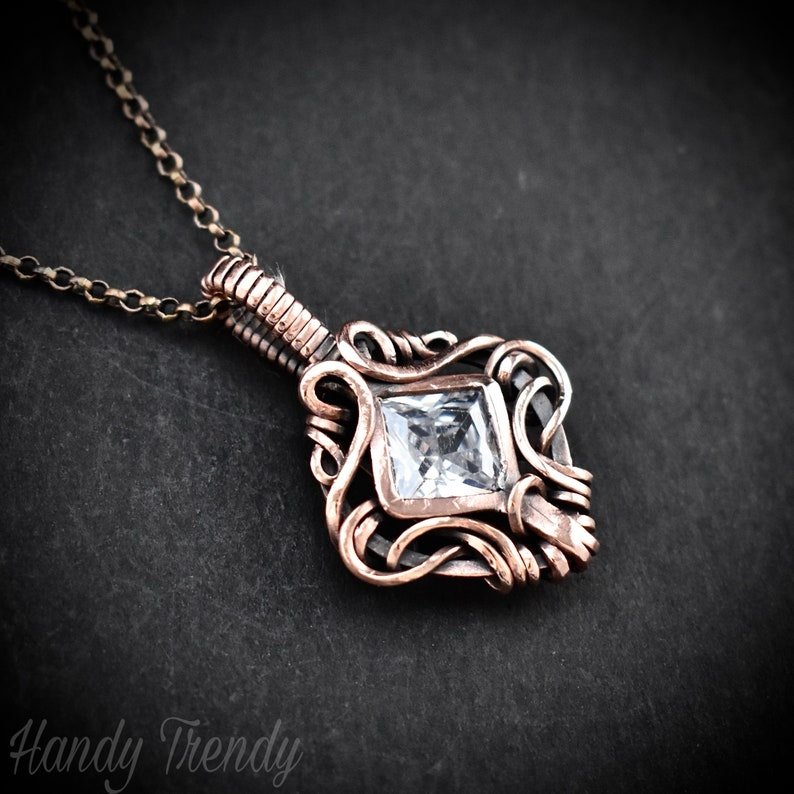 White cubic zirconia pendant, Free-flow Copper Wire wrapped necklace, Unique handmade gift, One of a kind jewelry, Mini pendant