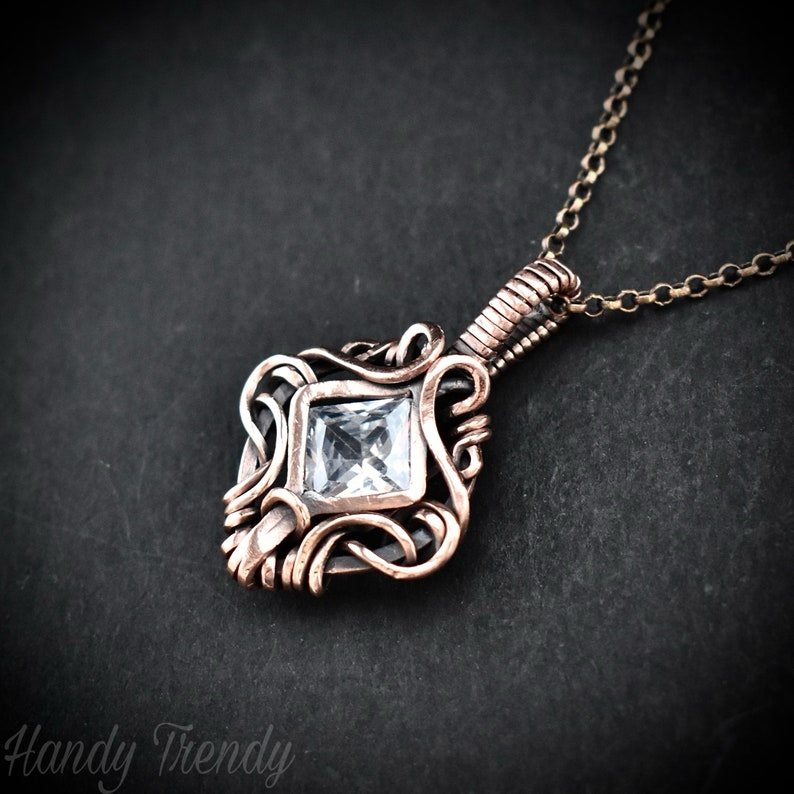 White cubic zirconia pendant, Free-flow Copper Wire wrapped necklace, Unique handmade gift, One of a kind jewelry, Mini pendant