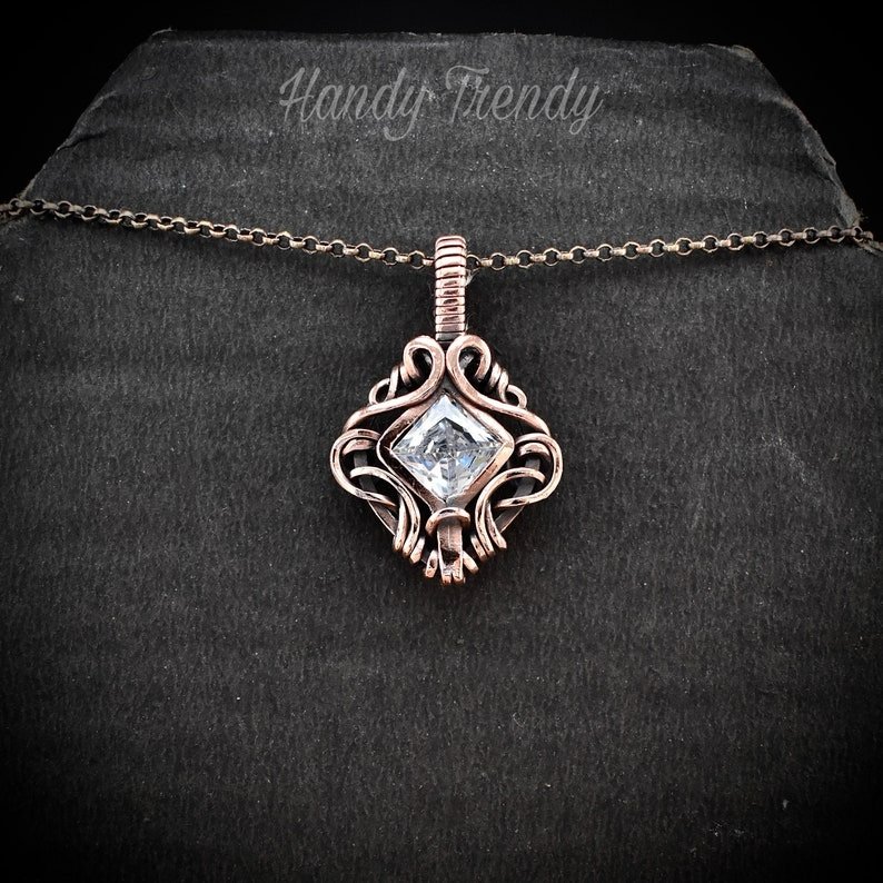 White cubic zirconia pendant, Free-flow Copper Wire wrapped necklace, Unique handmade gift, One of a kind jewelry, Mini pendant