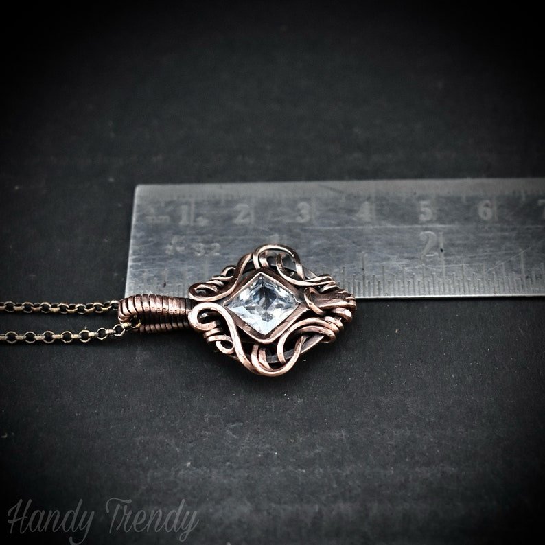 White cubic zirconia pendant, Free-flow Copper Wire wrapped necklace, Unique handmade gift, One of a kind jewelry, Mini pendant