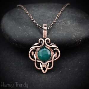 Green onyx pendant, Free-flow copper wire wrapped necklace, Unique handmade gift, One of a kind artisan boho jewelry