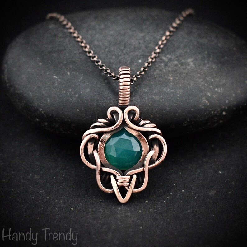 Green onyx pendant, Free-flow copper wire wrapped necklace, Unique handmade gift, One of a kind artisan boho jewelry