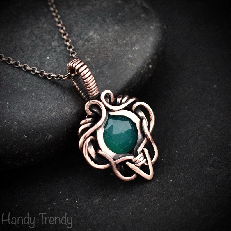 Green onyx pendant, Free-flow copper wire wrapped necklace, Unique handmade gift, One of a kind artisan boho jewelry