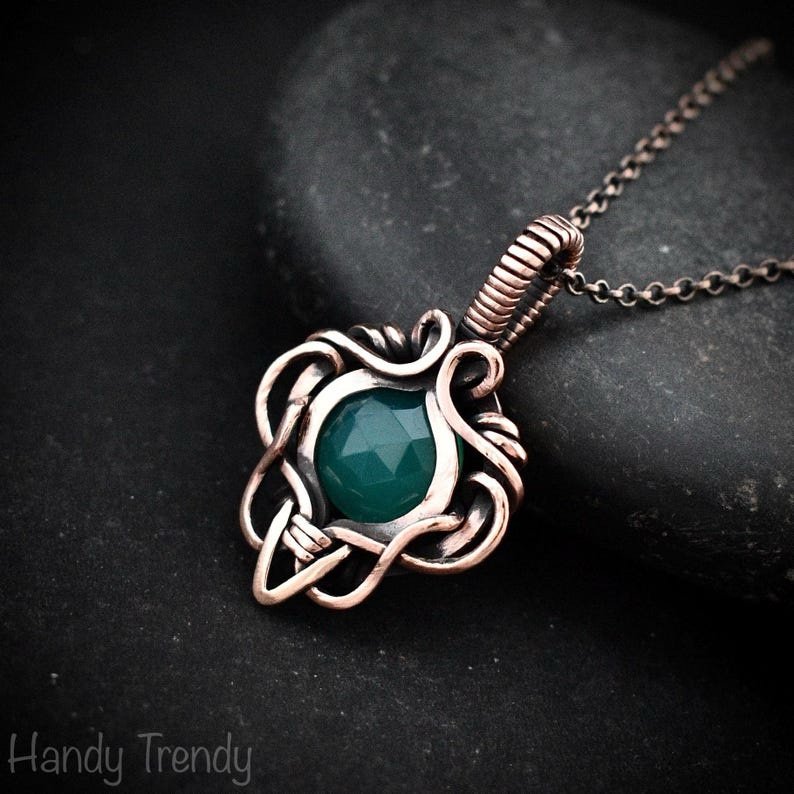 Green onyx pendant, Free-flow copper wire wrapped necklace, Unique handmade gift, One of a kind artisan boho jewelry
