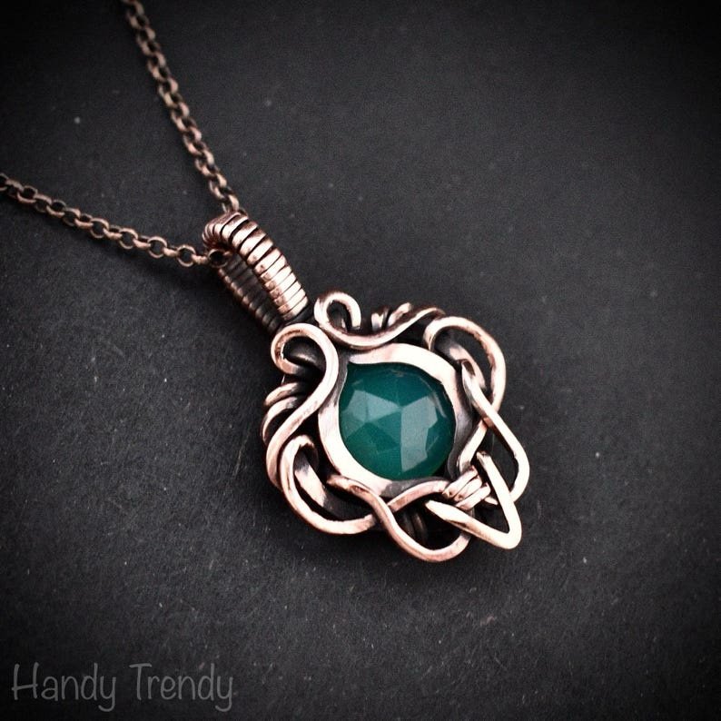 Green onyx pendant, Free-flow copper wire wrapped necklace, Unique handmade gift, One of a kind artisan boho jewelry
