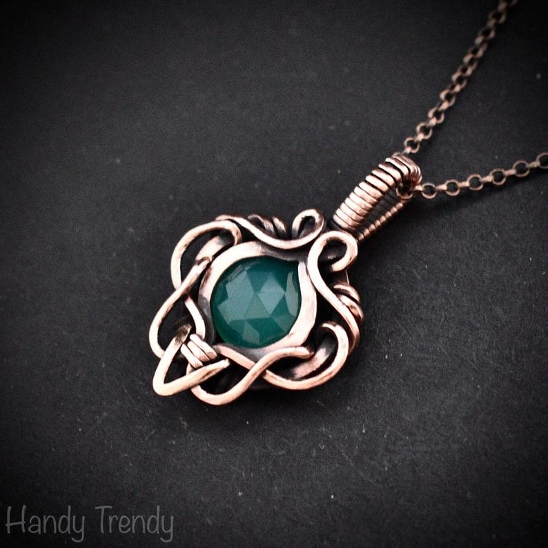 Green onyx pendant, Free-flow copper wire wrapped necklace, Unique handmade gift, One of a kind artisan boho jewelry