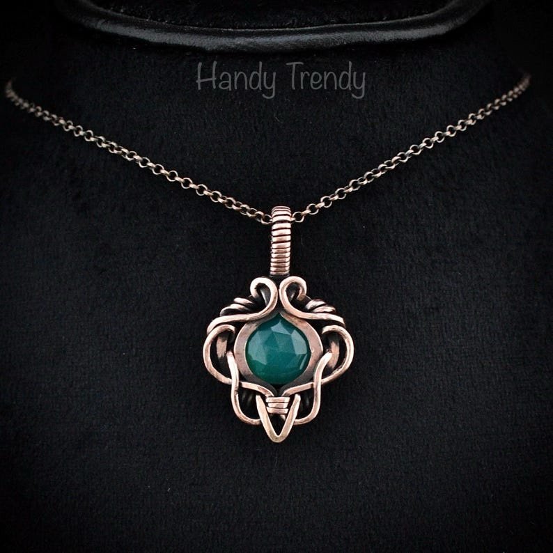 Green onyx pendant, Free-flow copper wire wrapped necklace, Unique handmade gift, One of a kind artisan boho jewelry