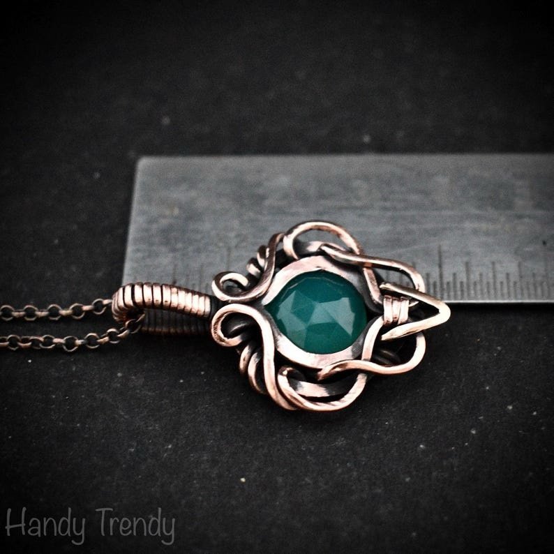Green onyx pendant, Free-flow copper wire wrapped necklace, Unique handmade gift, One of a kind artisan boho jewelry