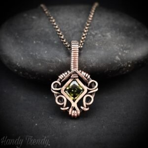 Green cubic zirconia pendant, Free-flow Copper Wire wrapped necklace, Unique handmade gift, One of a kind jewelry, Mini pendant